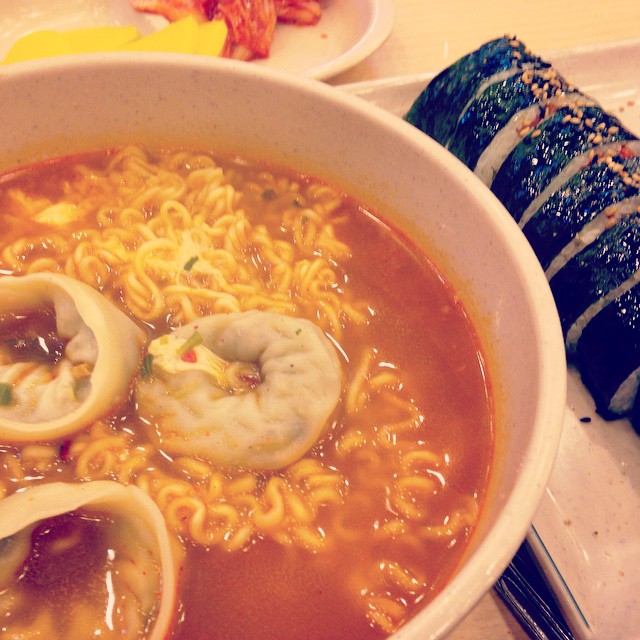 Korean gimbap served together with hot mandu ramyeon (ramyeon with dumplings)