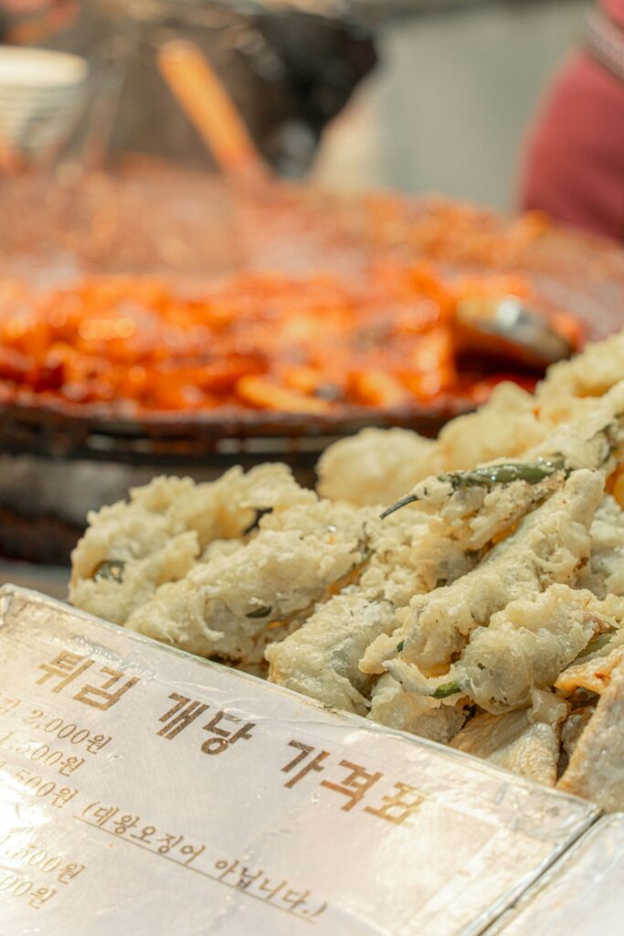 Korean fried street-food snacks displayed at a market stall